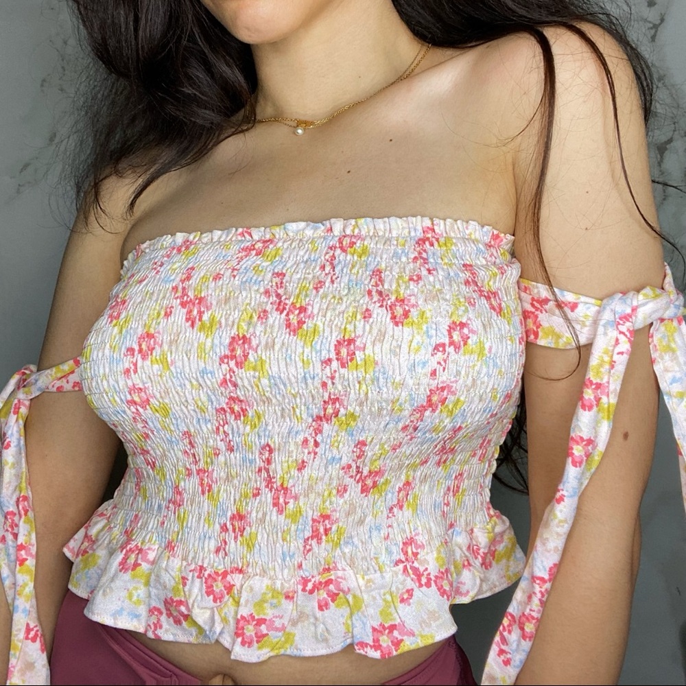 Crop ruched floral sexy tie up top